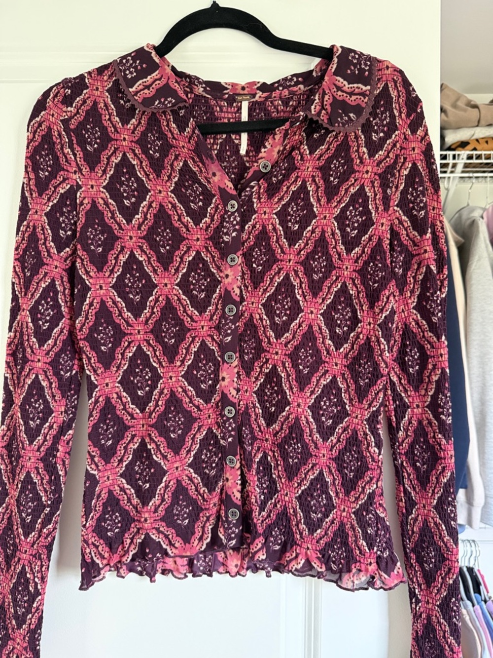 Free People "Dahlia" Smocked Button-Down Top - Plum Combo